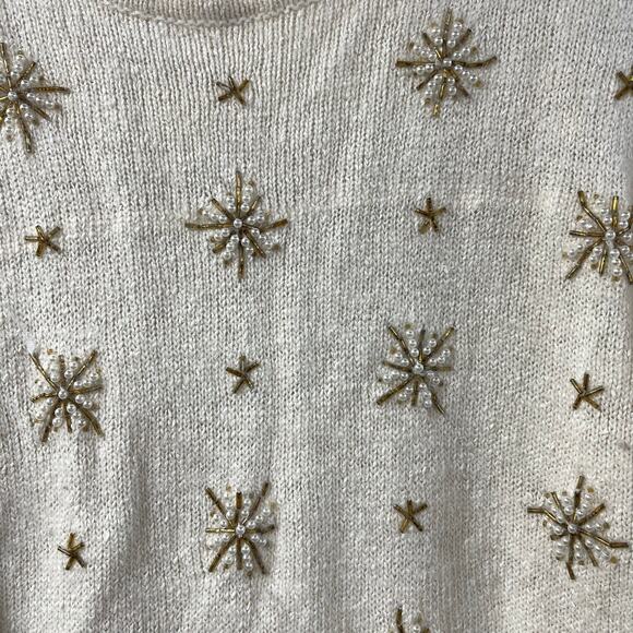 Not So Ugly Christmas Sweater Ivory Gold Beaded Snowflakes Vintage - Picture 5 of 8